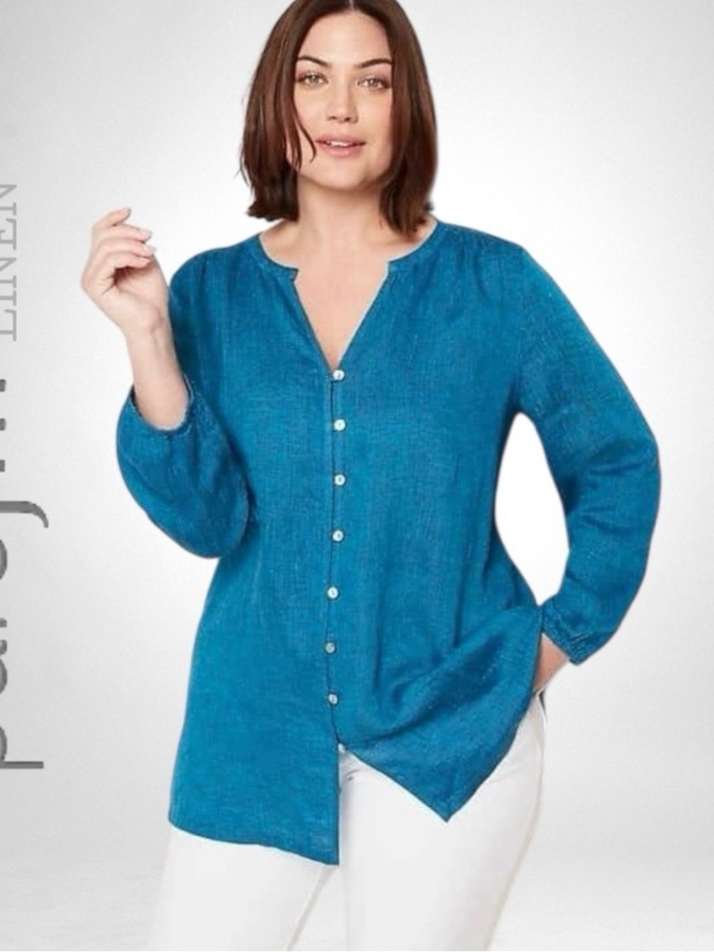 J Jill Linen Blue Button Down Blue Shirt XL